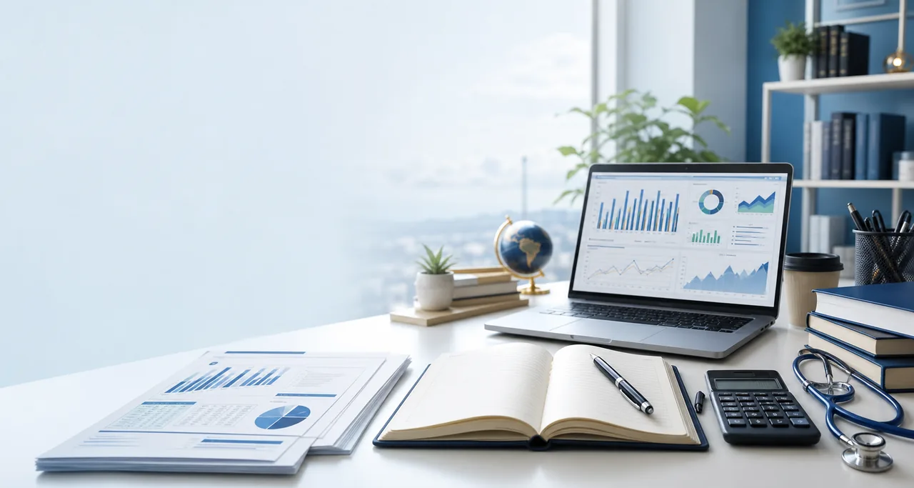 Clean academic workspace with research, data, nursing, and finance study materials